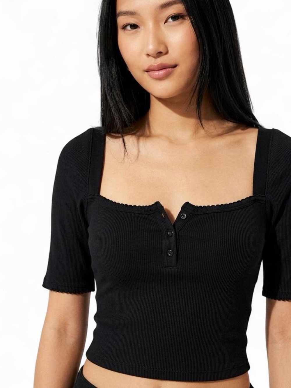 Urban Outfitters Black Ribbed Henley Crop Top Size M